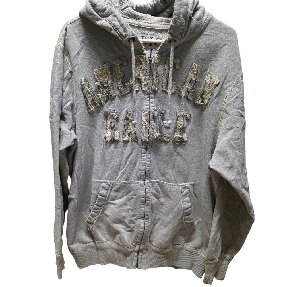 Y2K American Eagle Hoodie Mens XL Gray Distressed Applique Logo Vintage Fit VTG